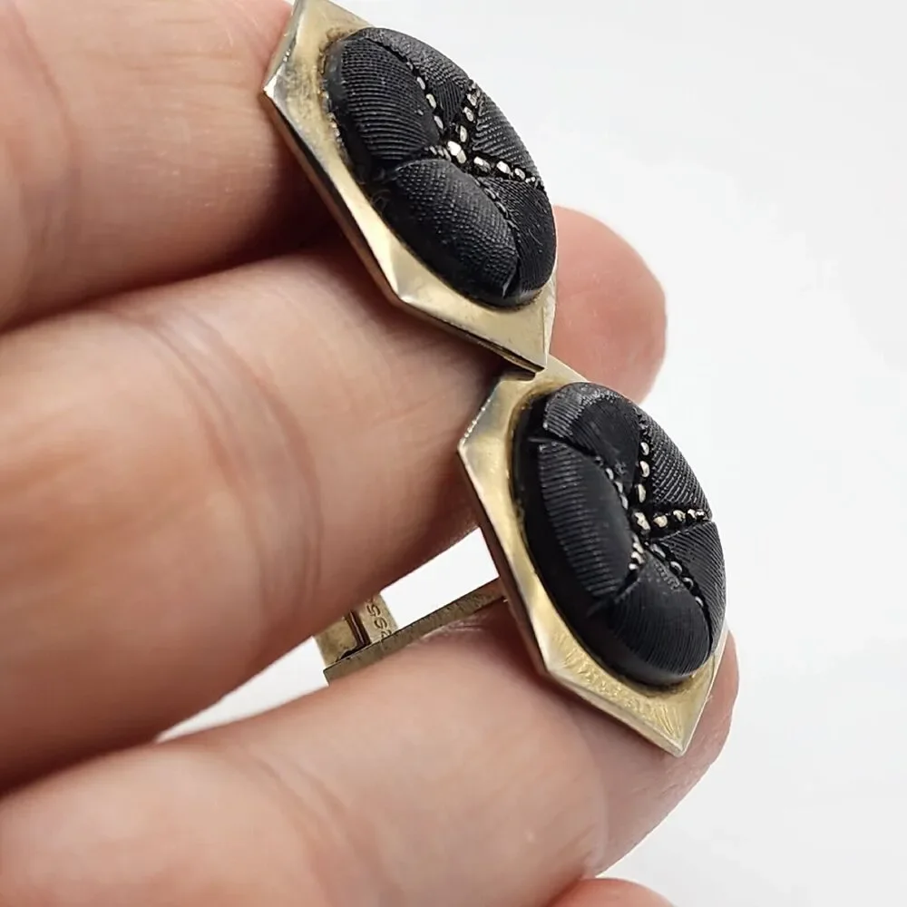 Vintage Oldak Mid-Century 1950’s Modern Art Black Hexagon Marcasite Cufflinks